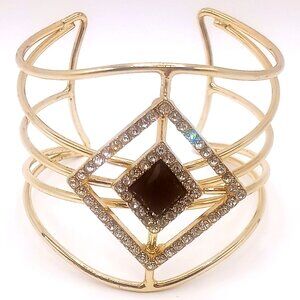 Gold Tone Geometric Open Cuff Bracelet Rhinestone Diamond‑Shape Black Center